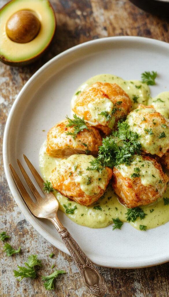 Close-up of golden salmon balls served with a vibrant, creamy avocado sauce drizzled on top, garnished with fresh herbs.