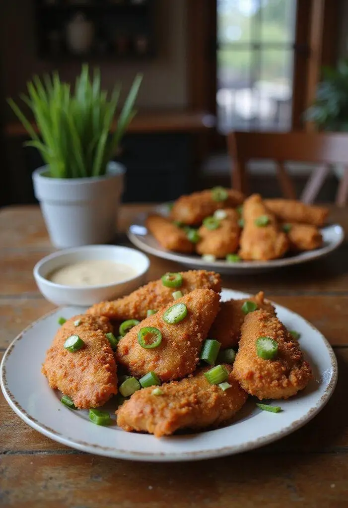 Realistic image of salt and pepper crispy chicken on a plate in a cozy home setting, with golden, crispy chicken pieces garnished with green onions and pepper, accompanied by a dipping sauce.