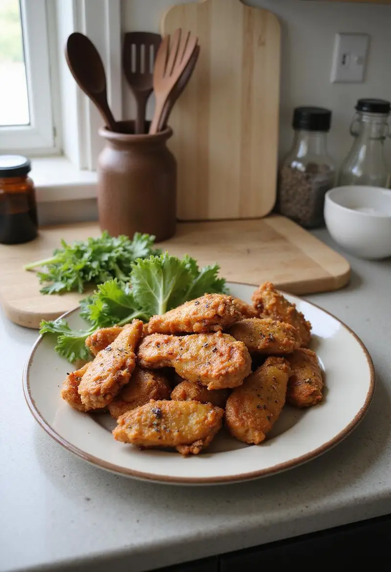 Realistic image of salt and pepper crispy chicken presented on a plate in a kitchen setting, showing crispy, golden chicken with garnishes, surrounded by kitchen essentials and natural lighting.