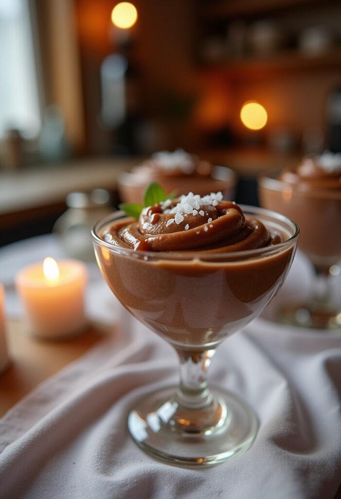 A cozy home setting featuring a glass of salted caramel chocolate mousse, topped with sea salt and caramel drizzle, presented on a table with warm lighting and home decor.