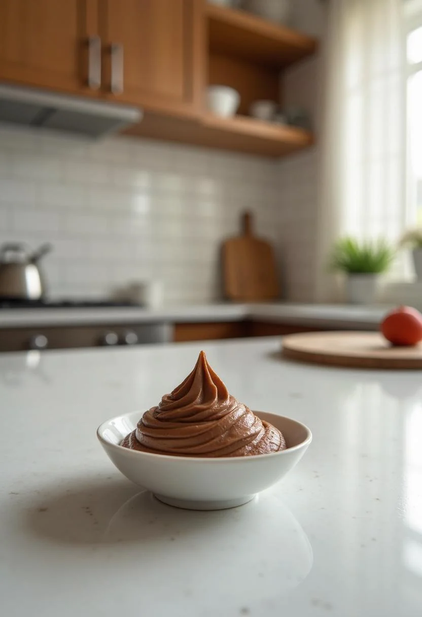 A salted caramel chocolate mousse in a dish on a kitchen counter with a modern kitchen background, highlighting a professional and organized culinary setting.