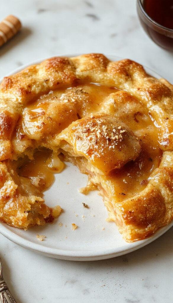 A slice of salted honey pie on a rustic plate, showcasing a golden-brown crust and a glossy honey filling sprinkled with sea salt.