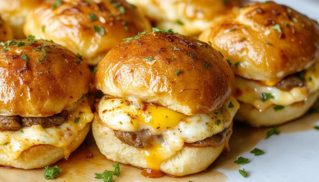 Close-up of three sausage, egg, and cheese breakfast sliders arranged on a white plate. The sliders have golden-brown toasted buns, with visible melted cheese, scrambled eggs, and cooked sausage patties inside. The toppings highlight a crispy exterior with soft, moist fillings, garnished with chopped herbs for color.