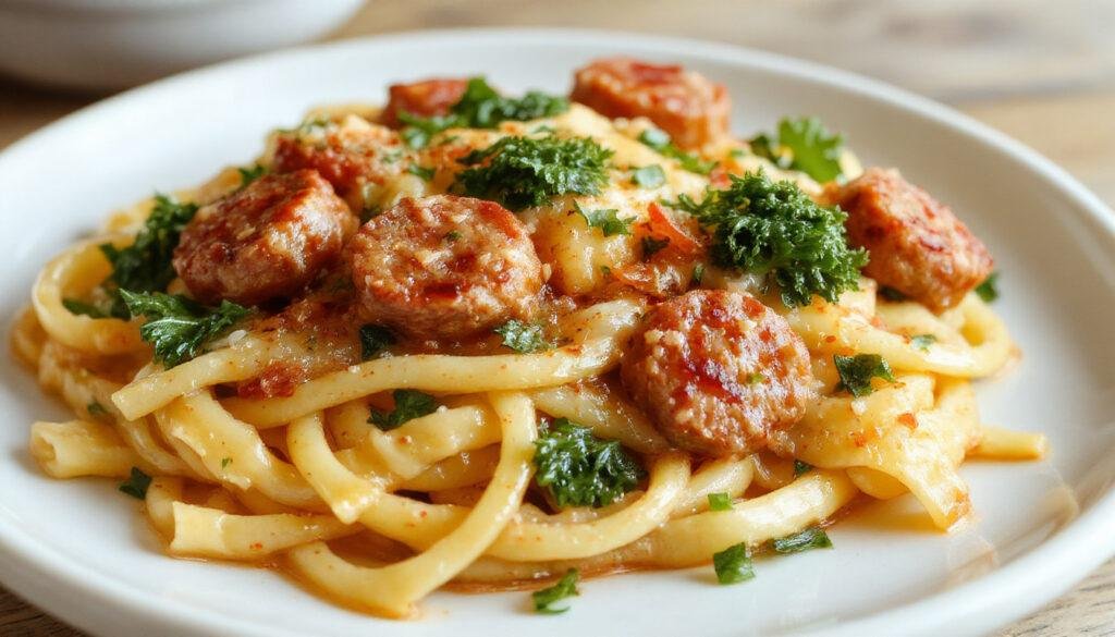 A close-up of a rustic white plate filled with vibrant green kale and golden-brown sausage slices mixed with al dente pasta. The dish is garnished with freshly grated parmesan and a sprinkle of red pepper flakes, with steam gently rising, highlighting the hearty and colorful ingredients.
