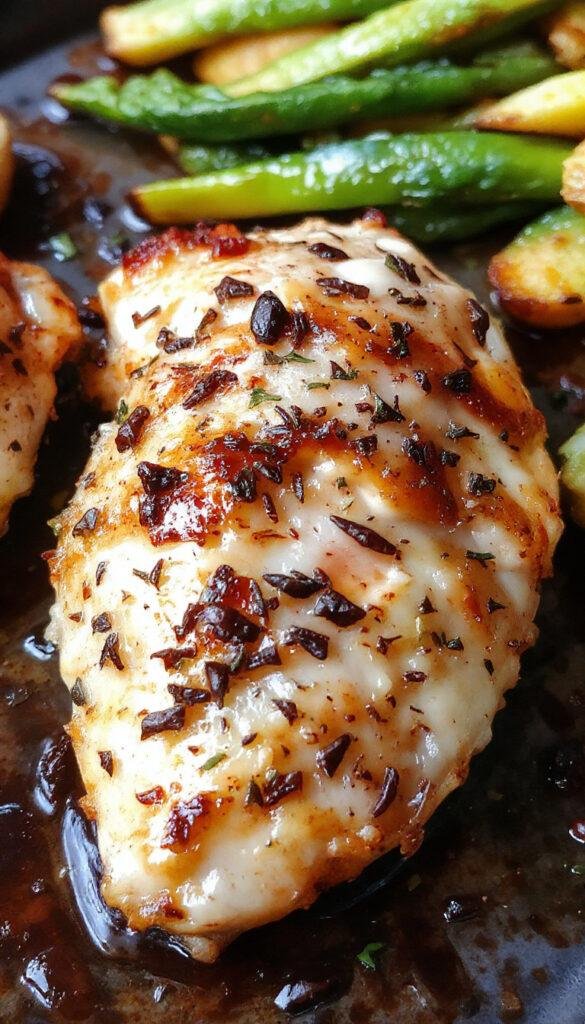 A plate of savory Blackstone garlic Parmesan chicken garnished with fresh herbs, served alongside roasted vegetables and a wedge of lemon.