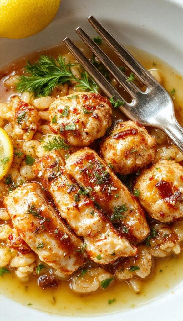 A plate of savory Greek chicken meatballs served with zesty lemon orzo garnished with fresh herbs