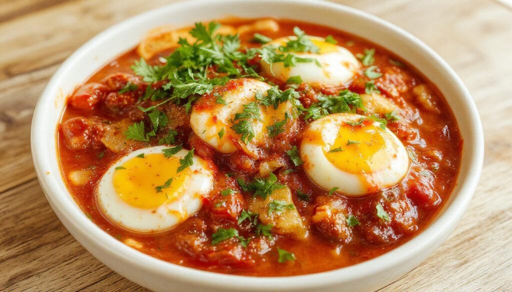 A vibrant skillet of shakshuka showing sunny-side-up eggs nestled in a rich, thick tomato sauce with chopped herbs sprinkled on top, garnished with fresh herbs and served in a rustic cast iron skillet.