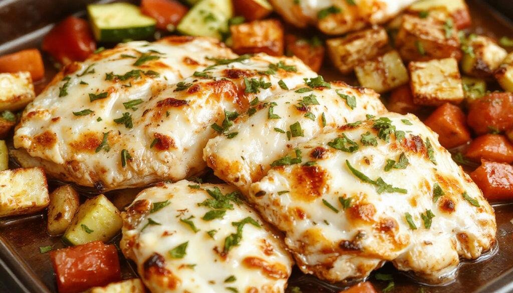 A vibrant sheet pan filled with golden-brown chicken shawarma strips arranged alongside roasted colorful vegetables including red bell peppers, zucchini, and red onions. The dish is garnished with fresh parsley and sprinkled with sesame seeds, showcasing a crispy texture and aromatic spices, all beautifully presented on a rustic wooden table.