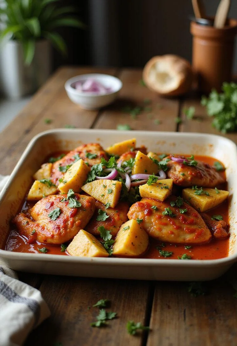 A realistic dish of Sheet Pan Chicken al Pastor presented on a wooden table, with marinated chicken, pineapple chunks, cilantro, and red onions, styled in a ceramic serving dish, set in a home kitchen environment with natural light and kitchen accessories.