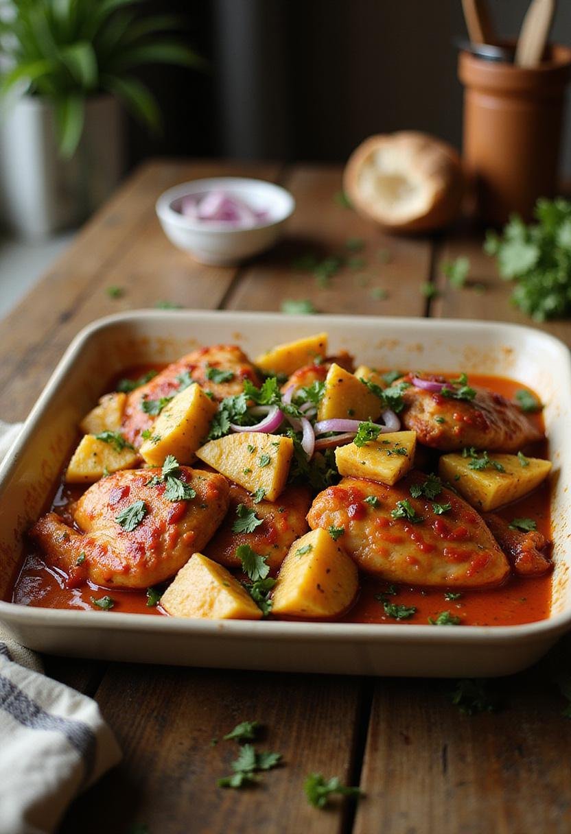 A realistic dish of Sheet Pan Chicken al Pastor presented on a wooden table, with marinated chicken, pineapple chunks, cilantro, and red onions, styled in a ceramic serving dish, set in a home kitchen environment with natural light and kitchen accessories.