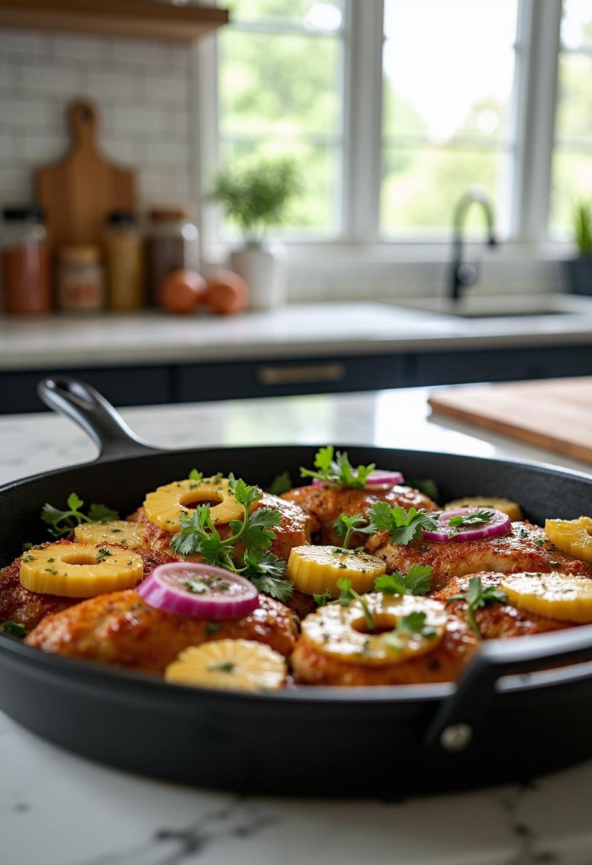 A realistic image of Sheet Pan Chicken al Pastor in a kitchen setting with the dish in a skillet or tray, garnished with pineapple, cilantro, and onions, with kitchen utensils and spices visible in the background, in natural light.