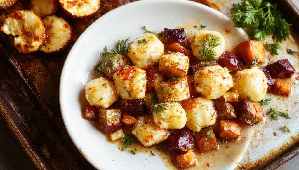 Colorful sheet pan roasted gnocchi surrounded by caramelized cherry tomatoes, zucchini slices, red bell peppers, and roasted onion, all golden-brown and crispy, arranged on a rustic white baking sheet with olive oil glistening and fresh herbs sprinkled on top.
