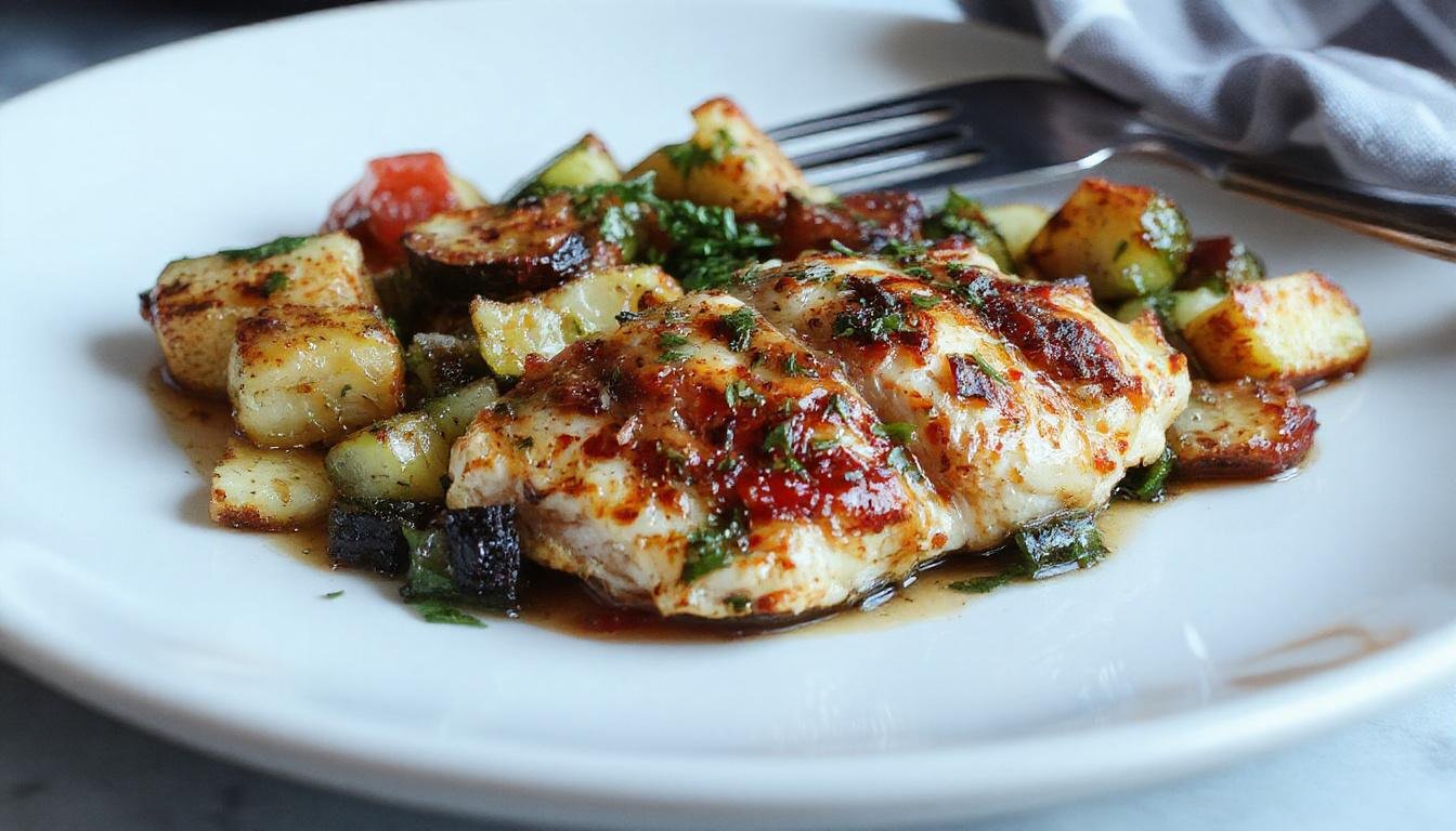 A vibrant sheet pan filled with golden-brown Greek-style chicken pieces, colorful roasted vegetables including red bell peppers, zucchini, red onions, and cherry tomatoes. The chicken is seasoned with herbs and spices, garnished with fresh parsley and lemon slices for added color and freshness. The ingredients are arranged neatly on a rustic baking sheet, showcasing textures and vibrant colors.