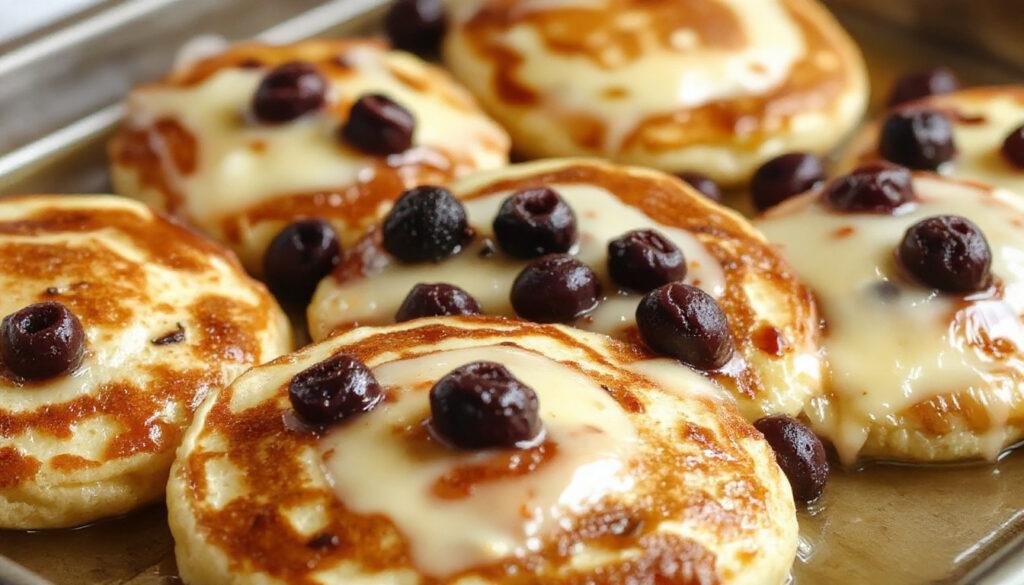 A large rectangular sheet pan filled with golden-brown pancakes cut into squares, topped with fresh berries and drizzled with syrup. The pancakes have a fluffy texture and are presented on a rustic wooden table with a spatula nearby, evoking a cozy, family-style breakfast setting.