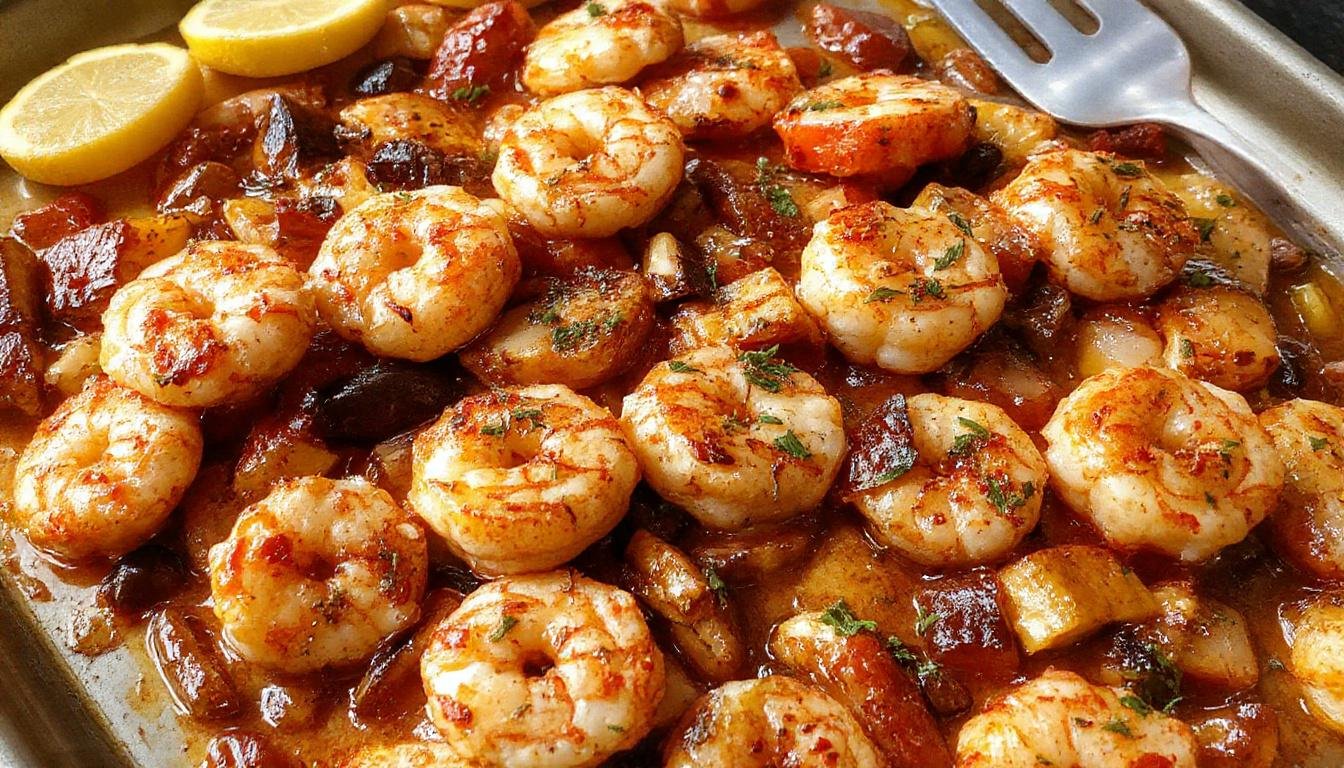 Colorful shrimp fajitas served on a rectangular white plate, featuring sautéed shrimp, vibrant red and green bell peppers, and grilled onions. The dish is garnished with fresh cilantro and lime wedges, with a side of warm flour tortillas partially visible.
