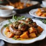 Close-up of a plated sheet pan sausage and sweet potatoes with honey garlic sauce in a cozy home setting, showing the crispy sweet potatoes, browned sausage, and glossy sauce garnished with herbs.