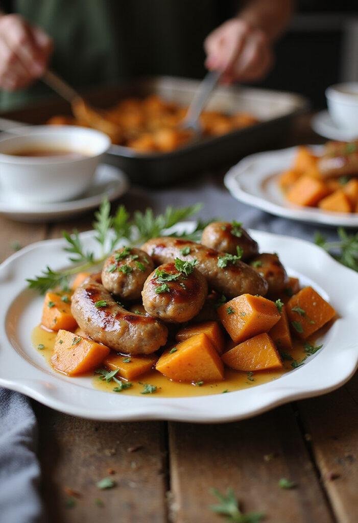 Close-up of a plated sheet pan sausage and sweet potatoes with honey garlic sauce in a cozy home setting, showing the crispy sweet potatoes, browned sausage, and glossy sauce garnished with herbs.