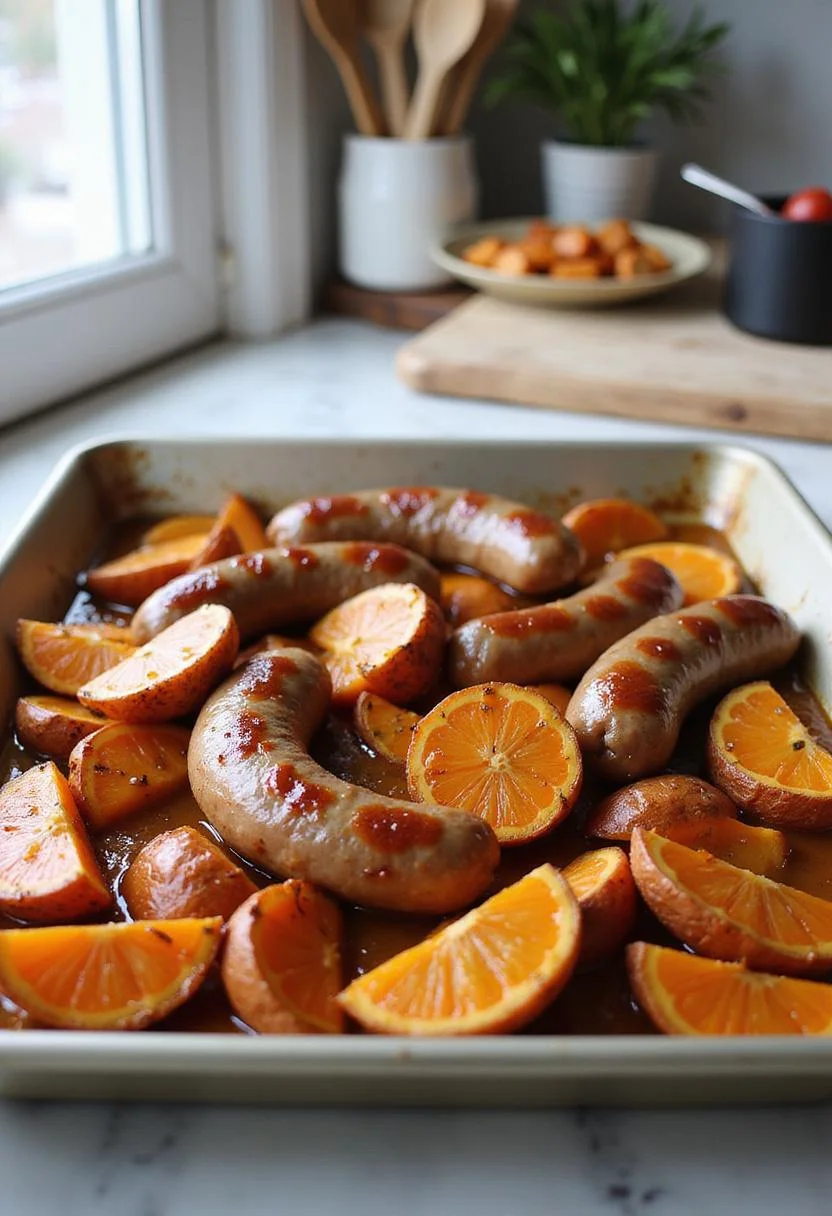 A detailed image of sheet pan sausage and sweet potatoes with honey garlic sauce on a baking sheet in a modern kitchen, emphasizing the roasted textures and glossy glaze of the dish.