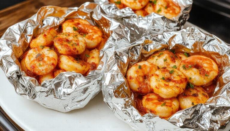 Four neatly arranged foil packs on a grill, filled with vibrant pink shrimp, yellow corn, red potatoes, and green herbs, steam rising slightly, appetizing and colorful, ready for serving.