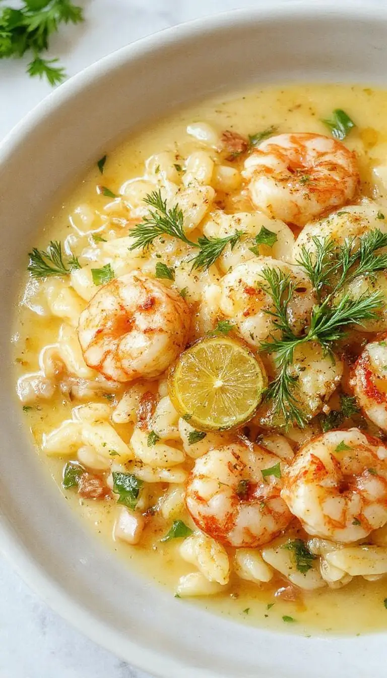 A plate of Shrimp Orzo in Lemon Garlic Sauce garnished with fresh herbs and lemon wedges, showcasing tender shrimp over creamy pasta.