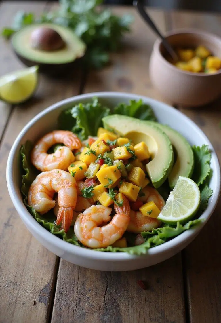 A realistic image of a shrimp and avocado bowl with mango salsa and lime-chili sauce, styled on a cozy wooden table with natural lighting and fresh ingredients around it.