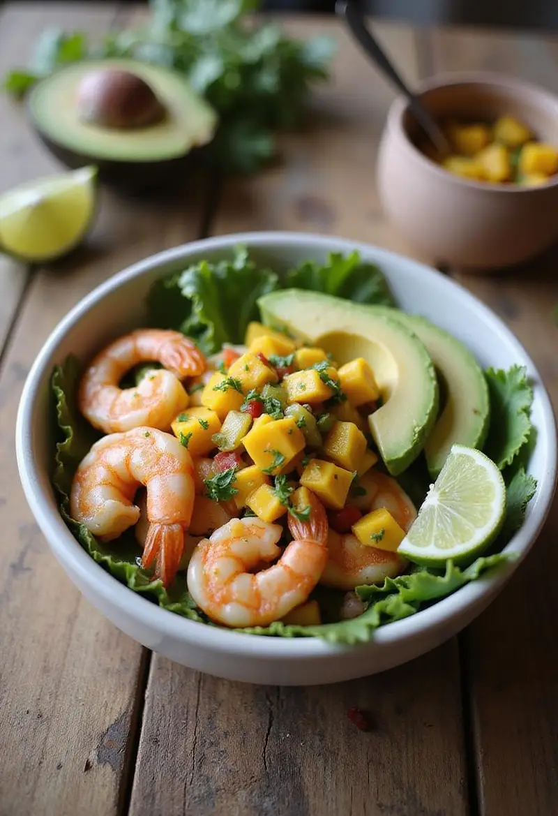 A realistic image of a shrimp and avocado bowl with mango salsa and lime-chili sauce, styled on a cozy wooden table with natural lighting and fresh ingredients around it.