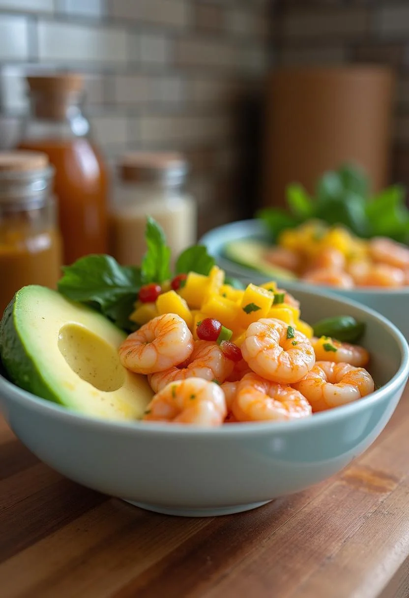 A realistic scene of a shrimp and avocado bowl in a home kitchen setting, with colorful ingredients and natural light highlighting the dish's freshness and vibrant presentation.