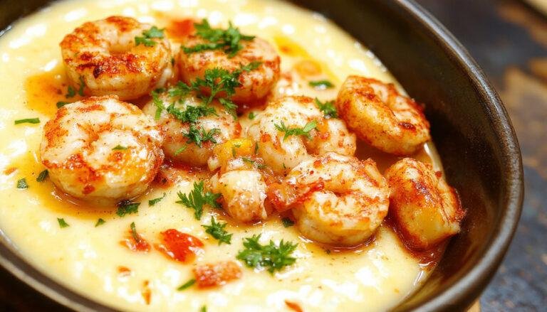 A bowl of creamy shrimp and cheesy grits topped with sautéed shrimp, garnished with chopped green onions and a slice of lemon. The dish is served in a rustic white bowl, with a side of fresh herbs and a fork resting beside it. The vibrant pink shrimp contrasts with the golden yellow cheese-infused grits, creating an inviting and hearty presentation.