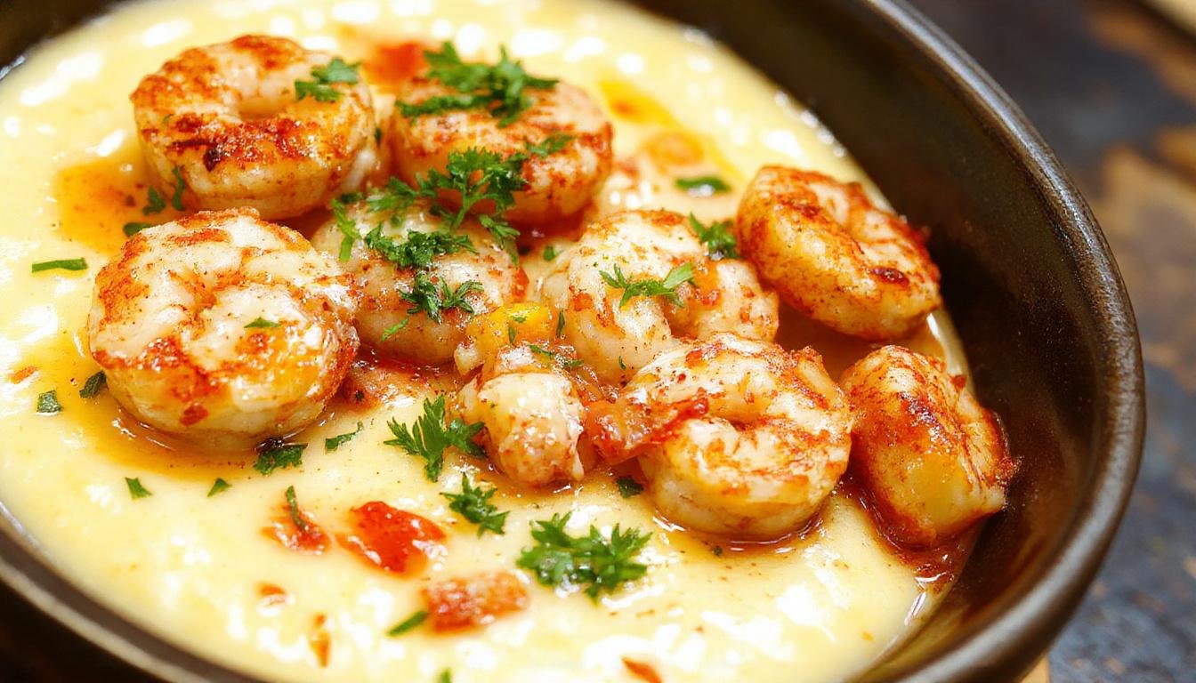 A bowl of creamy shrimp and cheesy grits topped with sautéed shrimp, garnished with chopped green onions and a slice of lemon. The dish is served in a rustic white bowl, with a side of fresh herbs and a fork resting beside it. The vibrant pink shrimp contrasts with the golden yellow cheese-infused grits, creating an inviting and hearty presentation.
