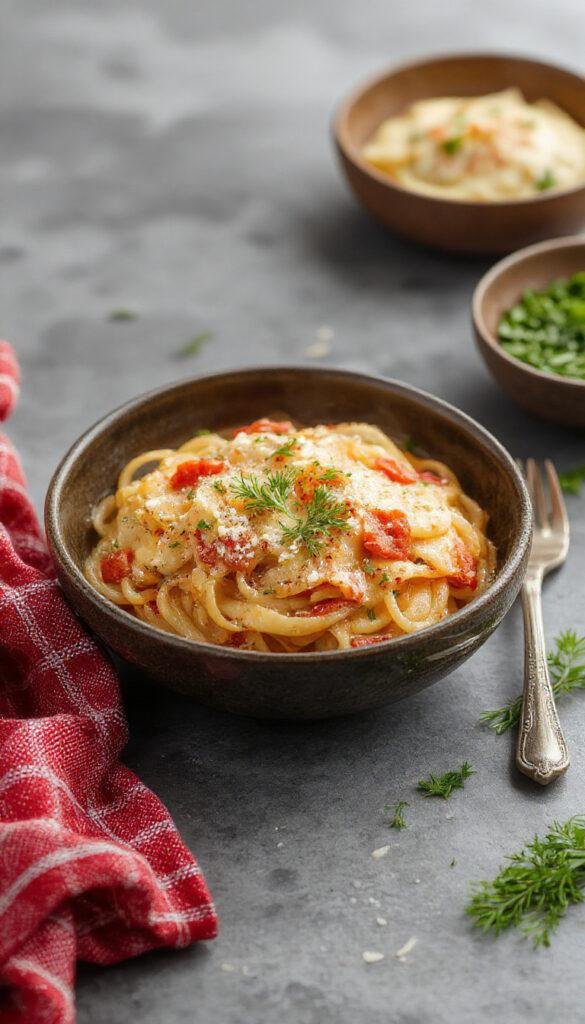 A plate of homemade spaghetti topped with fresh basil and grated cheese, served with a side of garlic bread on a rustic wooden table.