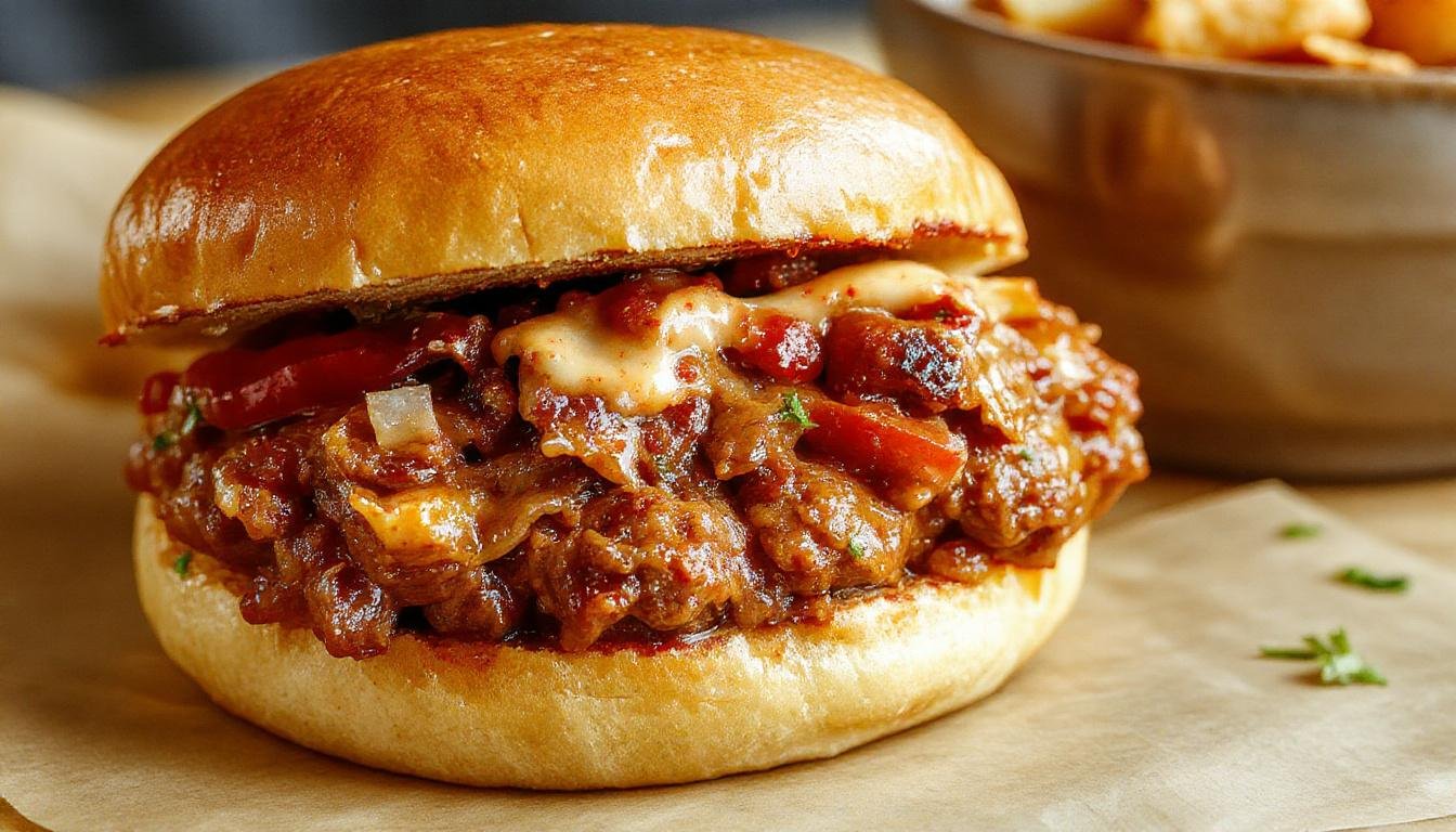 A plate featuring a generous serving of Sloppy Joes with a rich, meaty tomato sauce spilling over a toasted bun, garnished with chopped herbs and accompanied by a side of crispy potato chips. The vibrant colors of the sauce contrast with the golden-brown bun, with steam gently rising, highlighting a hearty and inviting meal.