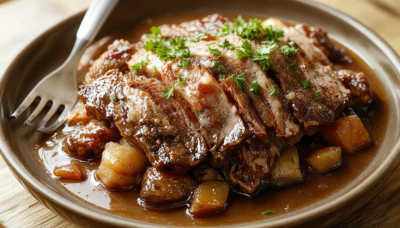 A savory Mississippi Pot Roast served in a rustic ceramic dish. The tender roast is topped with melted cheese, pickles, and herbs, showcasing its juicy, shredded texture with a rich sauce around it.