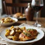 Realistic image of slow cooker Parmesan garlic chicken and potatoes plated on a wooden table in a cozy home setting, showing tender chicken pieces, roasted potatoes, herbs, and a welcoming dining environment.