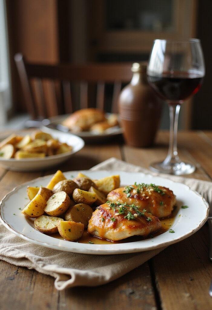 Realistic image of slow cooker Parmesan garlic chicken and potatoes plated on a wooden table in a cozy home setting, showing tender chicken pieces, roasted potatoes, herbs, and a welcoming dining environment.