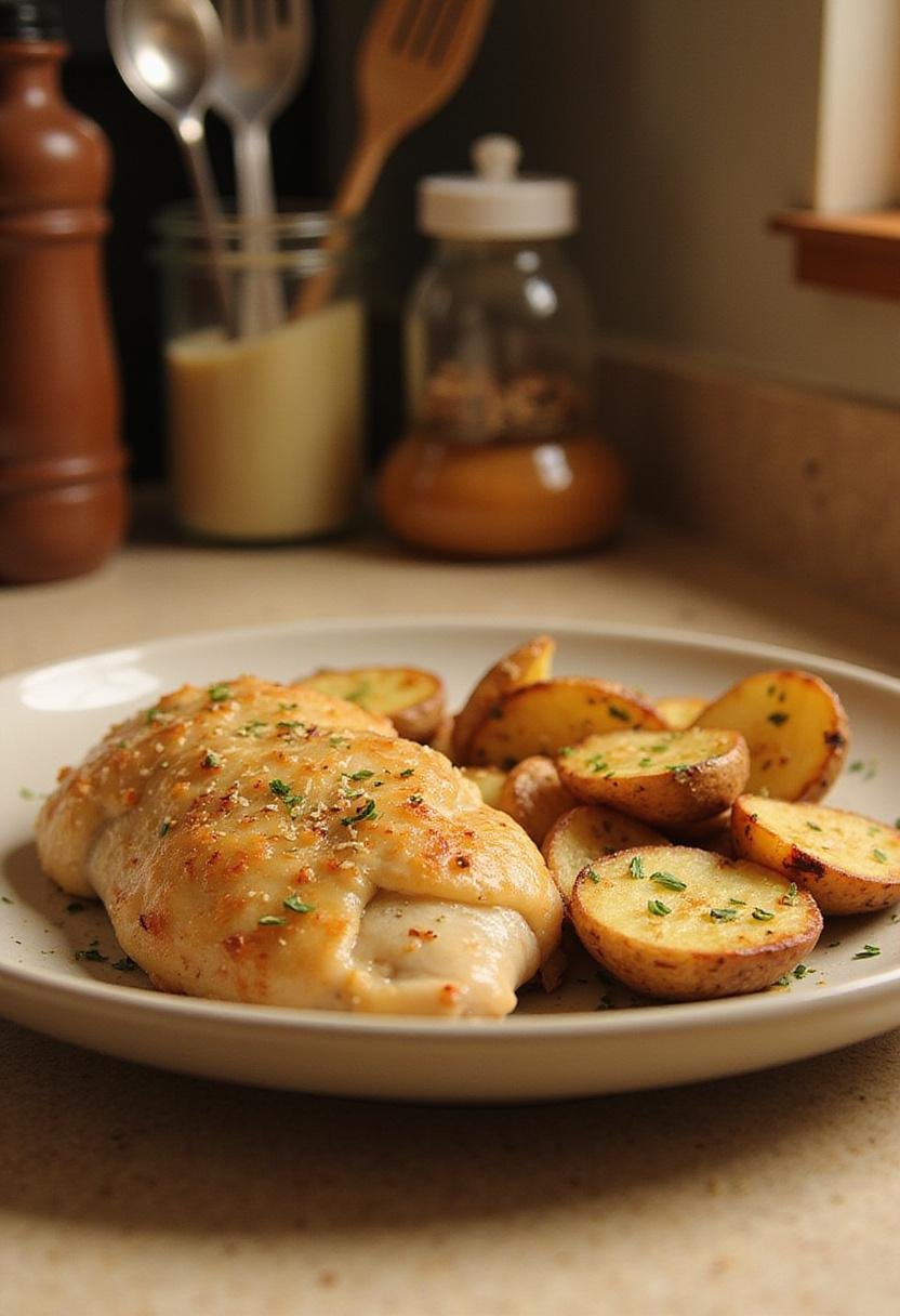 Realistic image of slow cooker Parmesan garlic chicken and potatoes plated in a kitchen setting, featuring crispy chicken and roasted potatoes with herbs, in a bright, inviting kitchen environment.