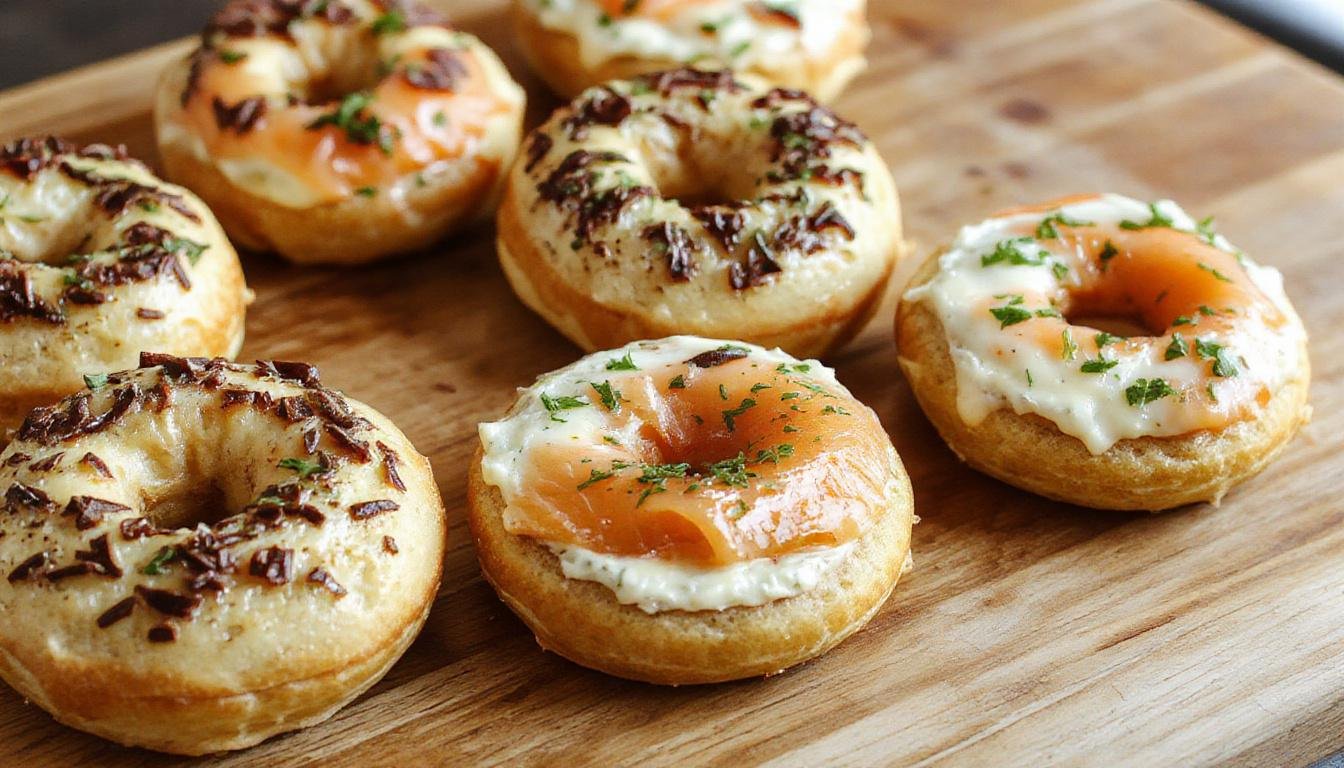 A close-up of a toasted bagel topped with cream cheese, thin slices of smoked salmon, capers, and fresh dill. The bagel's surface is golden brown with a slightly crispy crust, and the toppings are neatly arranged, showcasing a vibrant orange of the salmon against the creamy white cheese. The background features a rustic wooden table with a soft focus.