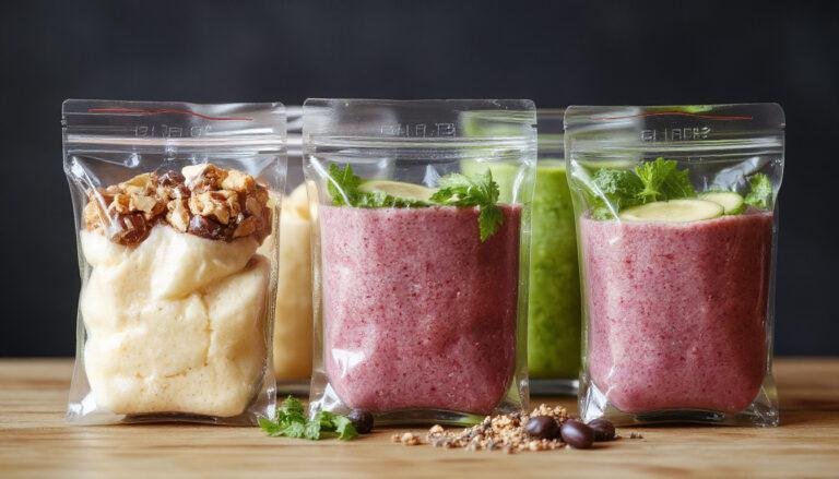 A clear glass bowl filled with vibrant frozen smoothie packs containing a mix of berries, bananas, and spinach, neatly arranged on a wooden surface with some ingredients visible around, showcasing the colorful textures of the fruits and greens.