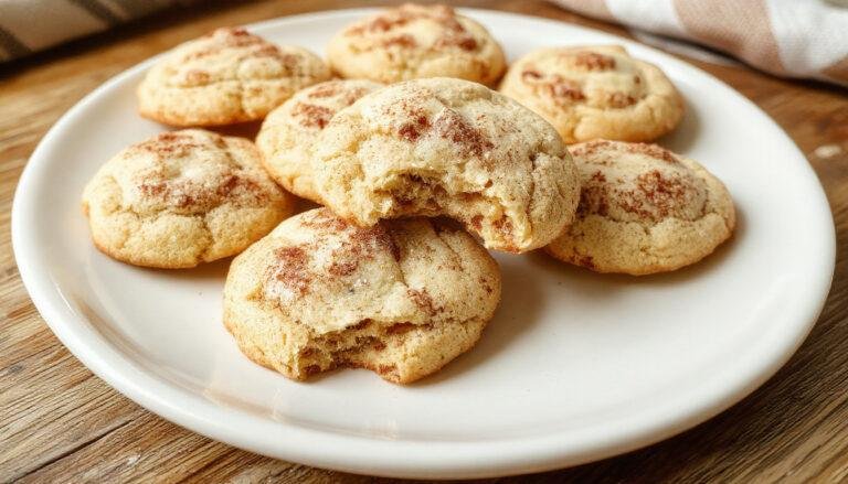 A close-up of a batch of soft and chewy snickerdoodle cookies, golden-brown with a cinnamon sugar coating, arranged on a rustic wooden surface with a light dusting of cinnamon along the edges.