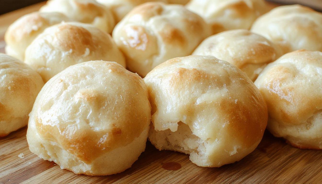 A close-up of golden-brown dinner rolls arranged in a basket, showcasing their soft, fluffy texture, light crust, and inviting appearance.