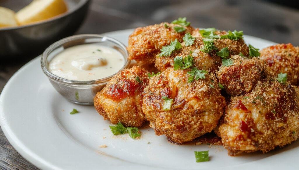 A golden-brown Southern fried chicken drumstick and thigh on a rustic plate, crispy crust visible with a hint of seasoning, garnished with fresh parsley, served alongside a side of mashed potatoes and gravy, with a flaky biscuit nearby