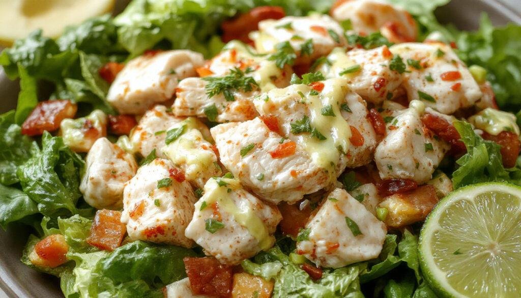 A vibrant Southwest Chicken Salad featuring mixed greens, grilled chicken slices, cherry tomatoes, black beans, corn, and avocado slices, all topped with fresh cilantro and drizzled with a bright lime dressing, presented in a white bowl against a rustic wooden table.