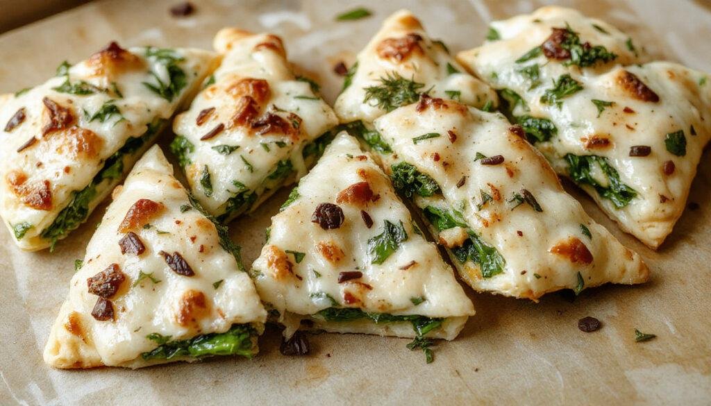 Golden-brown spanakopita triangles with flaky, crispy layers, filled with vibrant green spinach and white feta cheese, arranged on a white plate with a sprinkle of herbs.
