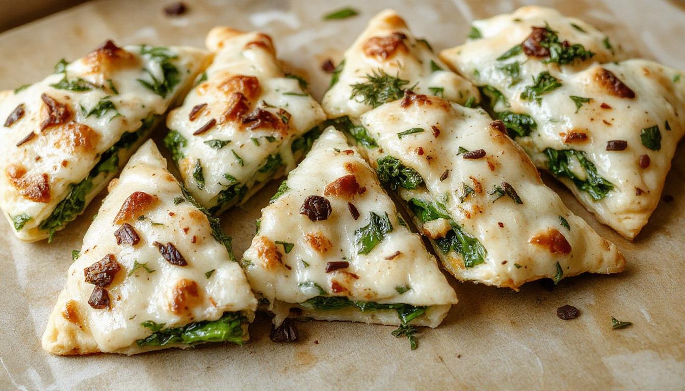 Golden-brown spanakopita triangles with flaky, crispy layers, filled with vibrant green spinach and white feta cheese, arranged on a white plate with a sprinkle of herbs.