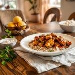 Spicy Brazilian coconut chicken served on a white plate with herbs, in a cozy home dining room with warm lighting and tropical side dishes, highlighting a flavorful and inviting meal.