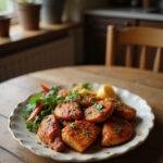 Close-up of spicy smoked paprika chicken served on a plate in a cozy home kitchen. The dish features crispy chicken coated in vibrant paprika seasoning, garnished with fresh herbs, and presented with colorful vegetables for a comforting meal.