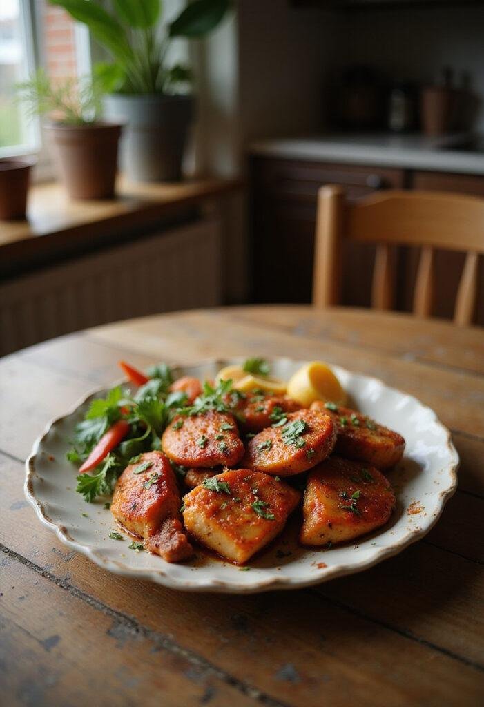 Close-up of spicy smoked paprika chicken served on a plate in a cozy home kitchen. The dish features crispy chicken coated in vibrant paprika seasoning, garnished with fresh herbs, and presented with colorful vegetables for a comforting meal.
