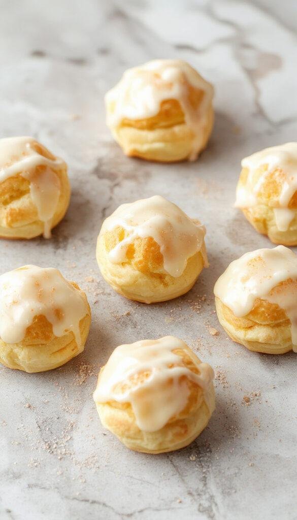 Delicious springtime lemon cream puffs with golden choux pastry filled with bright lemon custard, garnished with powdered sugar and fresh mint leaves.