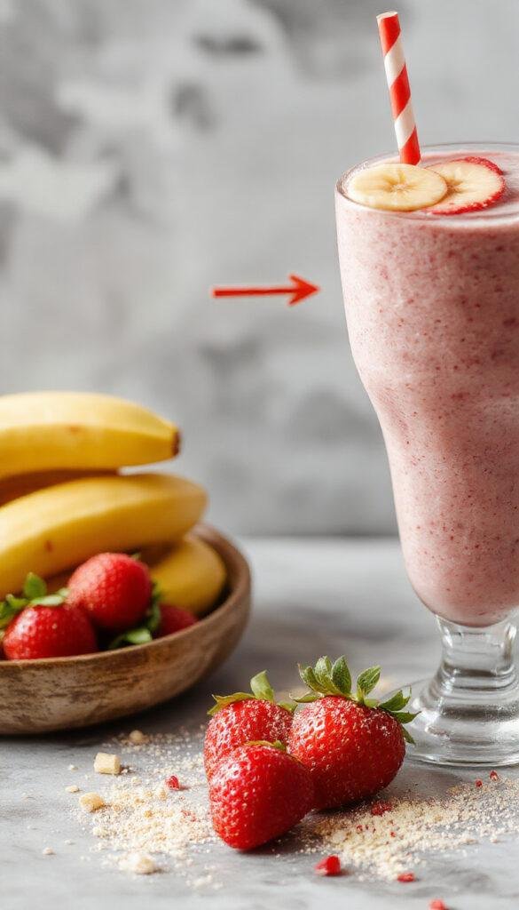 A vibrant glass of strawberry banana smoothie topped with fresh fruit slices and a straw, showcasing its creamy pink texture.