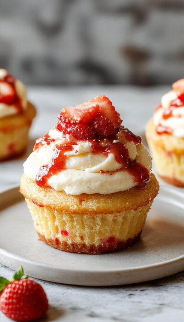 Delicious strawberry cheesecake cupcakes with a creamy topping and fresh strawberries on a pastel-colored plate.
