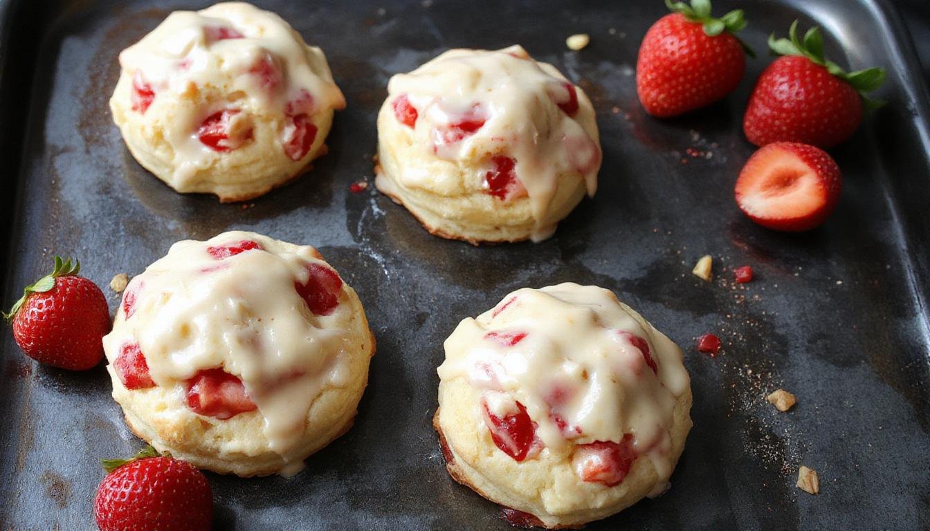 A close-up of a fluffy, golden-brown biscuit topped with vibrant red sliced strawberries and a dollop of whipped cream, garnished with fresh mint leaves. The biscuit is split open, showing soft layers, and the strawberries glisten with syrup. The background features a rustic wooden table with scattered strawberries and a glass dessert dish.